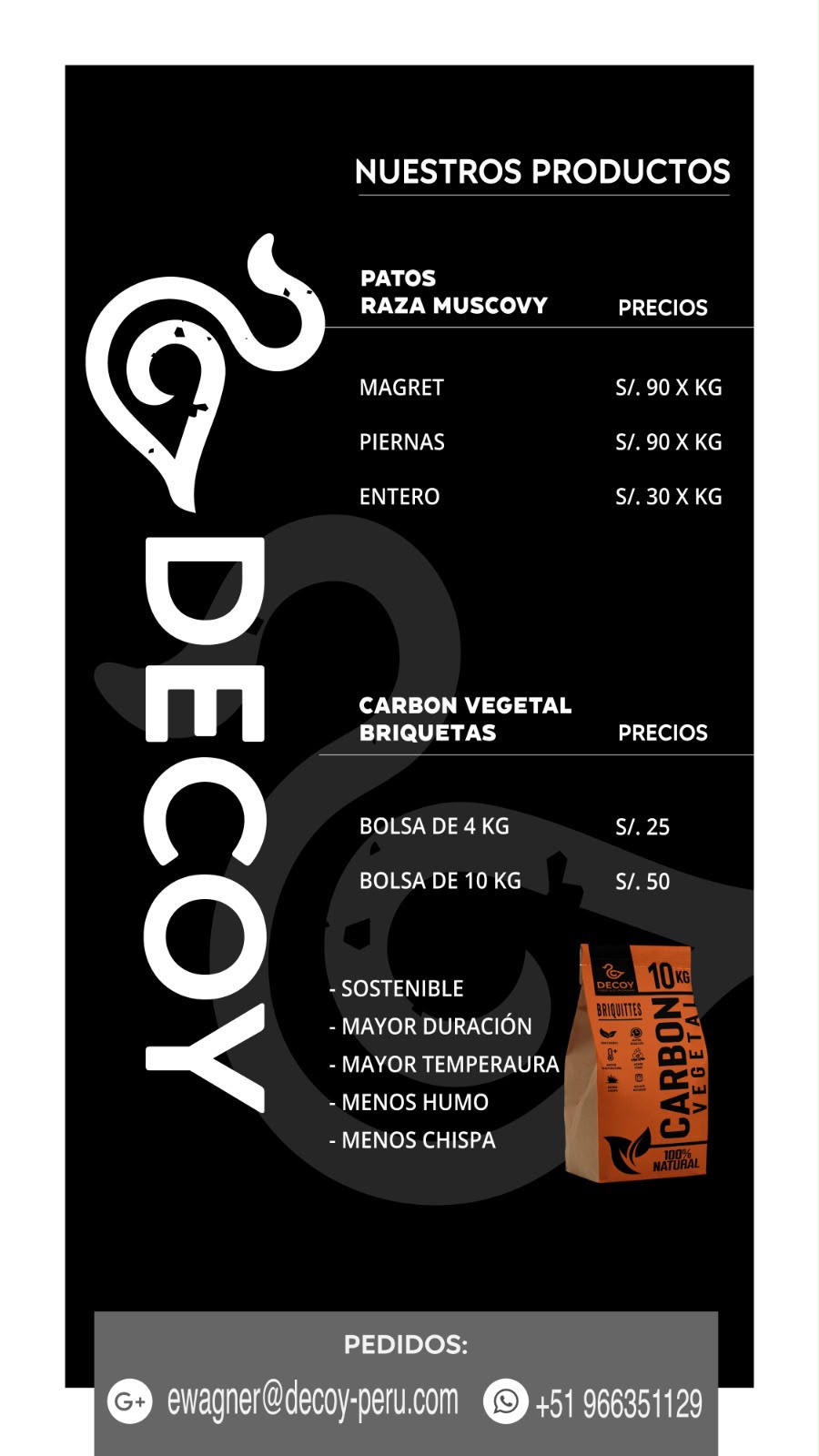 Lista de precios DECOY PERU - patos raza Muscovy y carbon vegetal en briquetas
